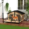 59"x64"x39" Large Wooden Dog House Raised Weatherproof Rustic Log Cabin Style Elevated Pet Shelter Porch Deck, Natural
