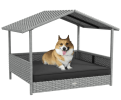 PawHut Wicker Dog House Outdoor Canopy Rattan Bed Water-resistant Cushion Gray