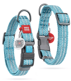 Reflective Cotton Dog Collar Eco Friendly Alt to Nylon Collar for Small Medium and Large Dogs 10-16 inch Neck x 4/5 inch Wide Blue Color