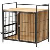 PawHut 30 Inch Dog Crate Furniture, Indoor Pet Kennel Side Table with Rotatable Bowls, 2 Anti-Escape Doors, Oak