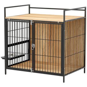 PawHut 30 Inch Dog Crate Furniture, Indoor Pet Kennel Side Table with Rotatable Bowls, 2 Anti-Escape Doors, Oak