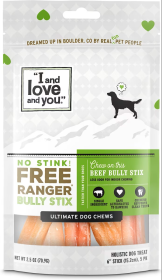 I And Love And You Dog Chews - No Stink Free Ranger Bully Stix - Beef - 5 Count - Case Of 6