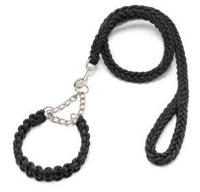 Eight-strand nylon braided dog collar leash dog chain impact blasting chain pet leash (Specification (L * W): L, Colour: Black)