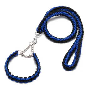 Eight-strand nylon braided dog collar leash dog chain impact blasting chain pet leash (Specification (L * W): L, Colour: Blue and Black)