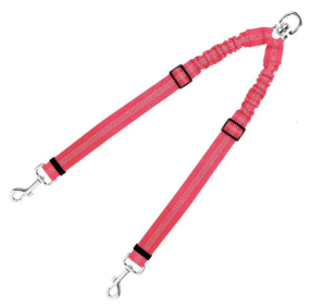 Dog Double Leashes - No Tangle Dog Leash Coupler; Comfortable Shock Absorbing Reflective Bungee Lead for Nighttime Safety (Colour: Red)