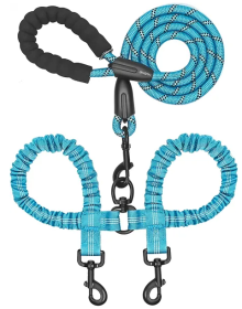 Dual Dog Leash; Double Dog Leash; 360 Swivel No Tangle Walking Leash; Shock Absorbing Bungee for Two Dogs (Color: Blue, Size: Length)