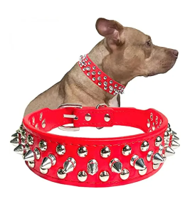 Adjustable Microfiber Leather Spiked Studded Dog Collar with a Squeak Ball Gift for Small Medium Large Pets Like Cats/Pit Bull/Bulldog/Pugs/Husky (Color: Red, Size: XXL(19.7"-22.4" / 50cm-57cm))