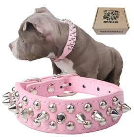 Adjustable Microfiber Leather Spiked Studded Dog Collar with a Squeak Ball Gift for Small Medium Large Pets Like Cats/Pit Bull/Bulldog/Pugs/Husky (Color: Pink, Size: S(10.8"-13.2" / 27.5cm-33.5cm))