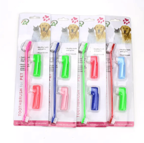 Two Headed Dog Toothbrush Set Canine Dental Hygiene Brush with 2 Finger Brushes Soft Bristles (Color: Blue)