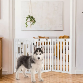 36 Inch Folding Wooden Freestanding Pet Gate Dog Gate with 360° Flexible Hinge (Color: White)