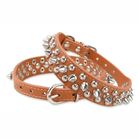 Spiked Studded Leather Dog Collar Rivets Pet Small Large Cat Pit Bull Adjustable (Color: Brown, Size: M)