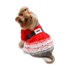 Lace Ruffles Puffy Sleeves Christmas Dress (Color: Red, Size: M)